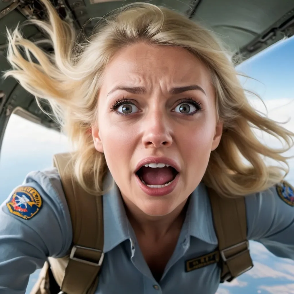 Prompt: beautiful blonde woman falling out of a flying plane with a scared face