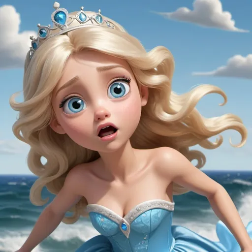 Prompt: beautiful blonde blue eyed toon princess falling from the sky towards the sea wih a scared face