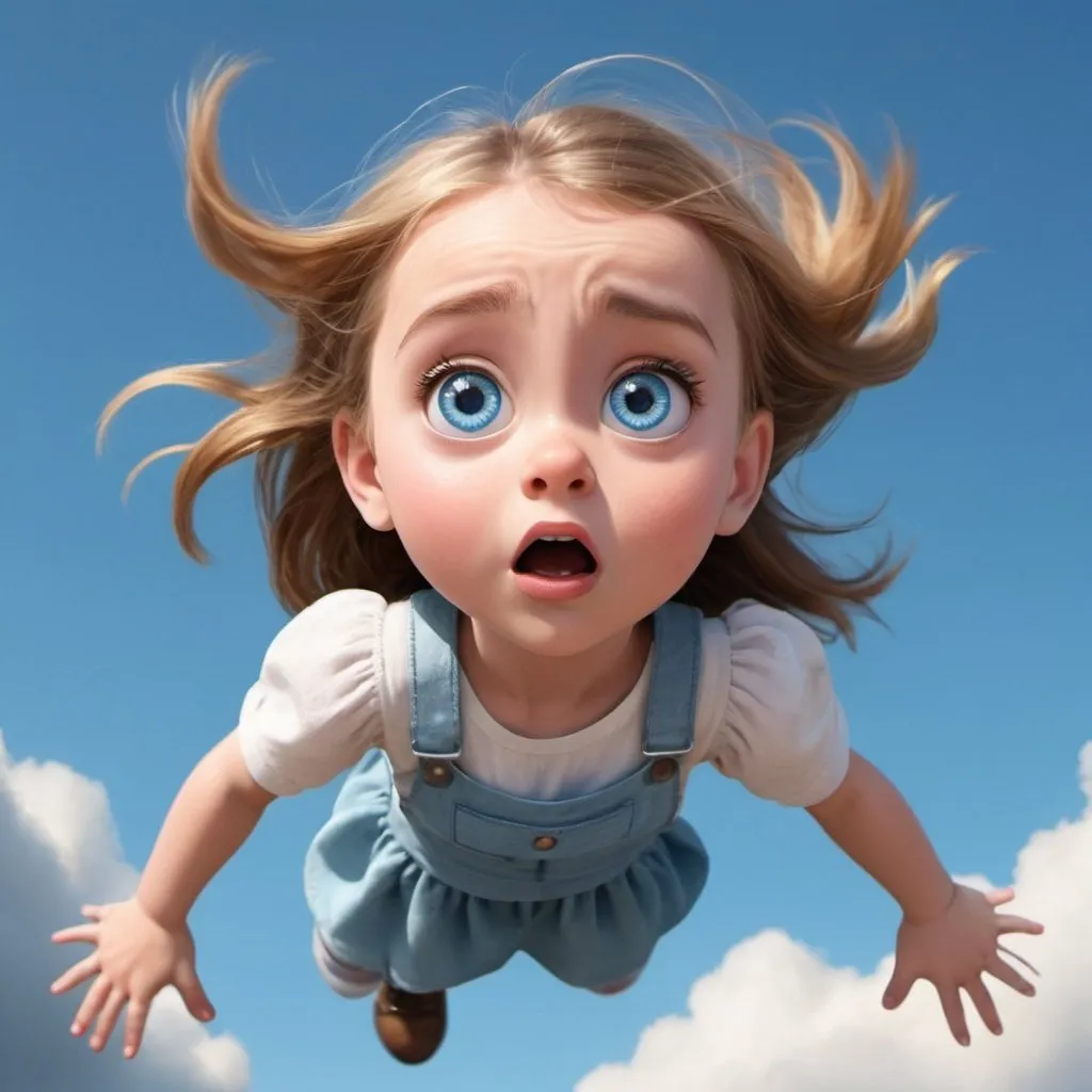 Prompt: beautiful little blue eyed toon girl falling from the sky with a scared look on her face