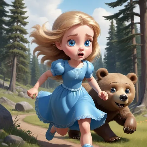 Prompt: beautiful blue eyed toon princess running from a bear with a scared look on her face