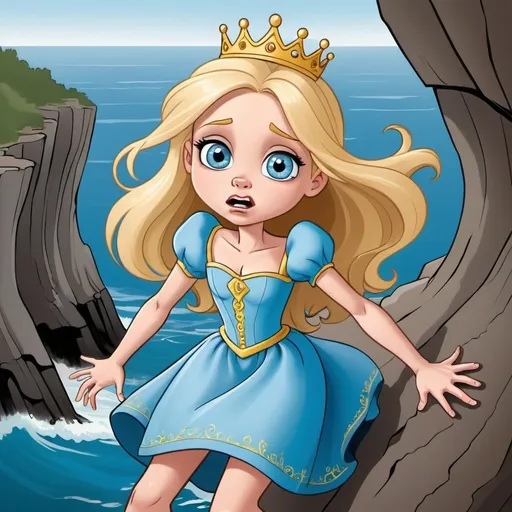 Prompt: beautiful blonde blue eyed toon princess falling off cliff towards the sea wih a scared face