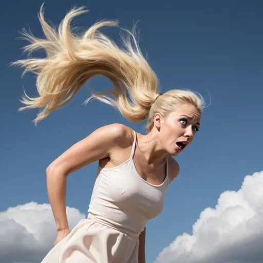 Prompt: beautiful blonde woman with ponytaildramatically falling from the sky with a scared look on her face