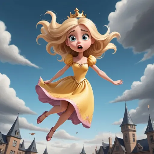 Prompt: beautiful  blonde toon princess dramatically falling from the sky with a scared look on her face