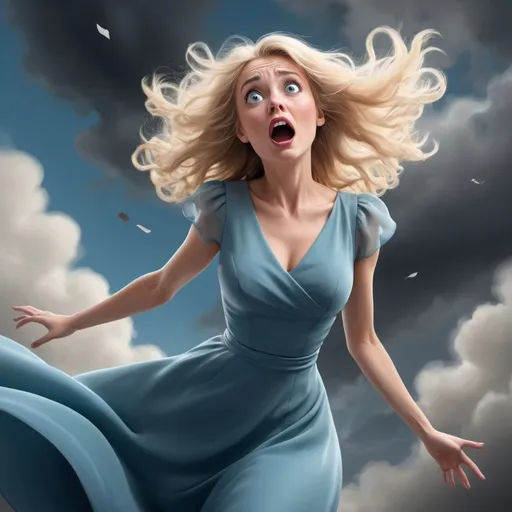 Prompt: blonde blue eyed toon woman in elegant dress dramatically falling from the sky witha scared look on her face