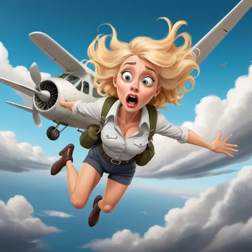 Prompt: beautiful blonde toon woman falling out of a flying plane scared