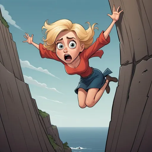 Prompt: beautiful blonde toon woman dramatically falling off cliff with a scared look on her face