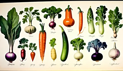 Prompt: botanical vegetable drawing vintage
water color large variety, multiple rows