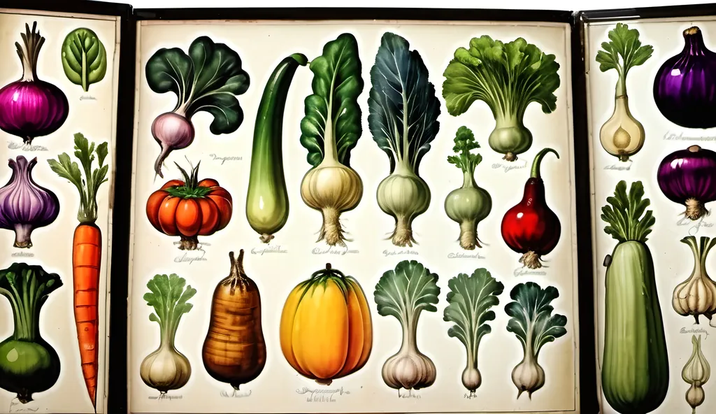 Prompt: botanical vegetable drawing vintage
water color large variety, multiple rows