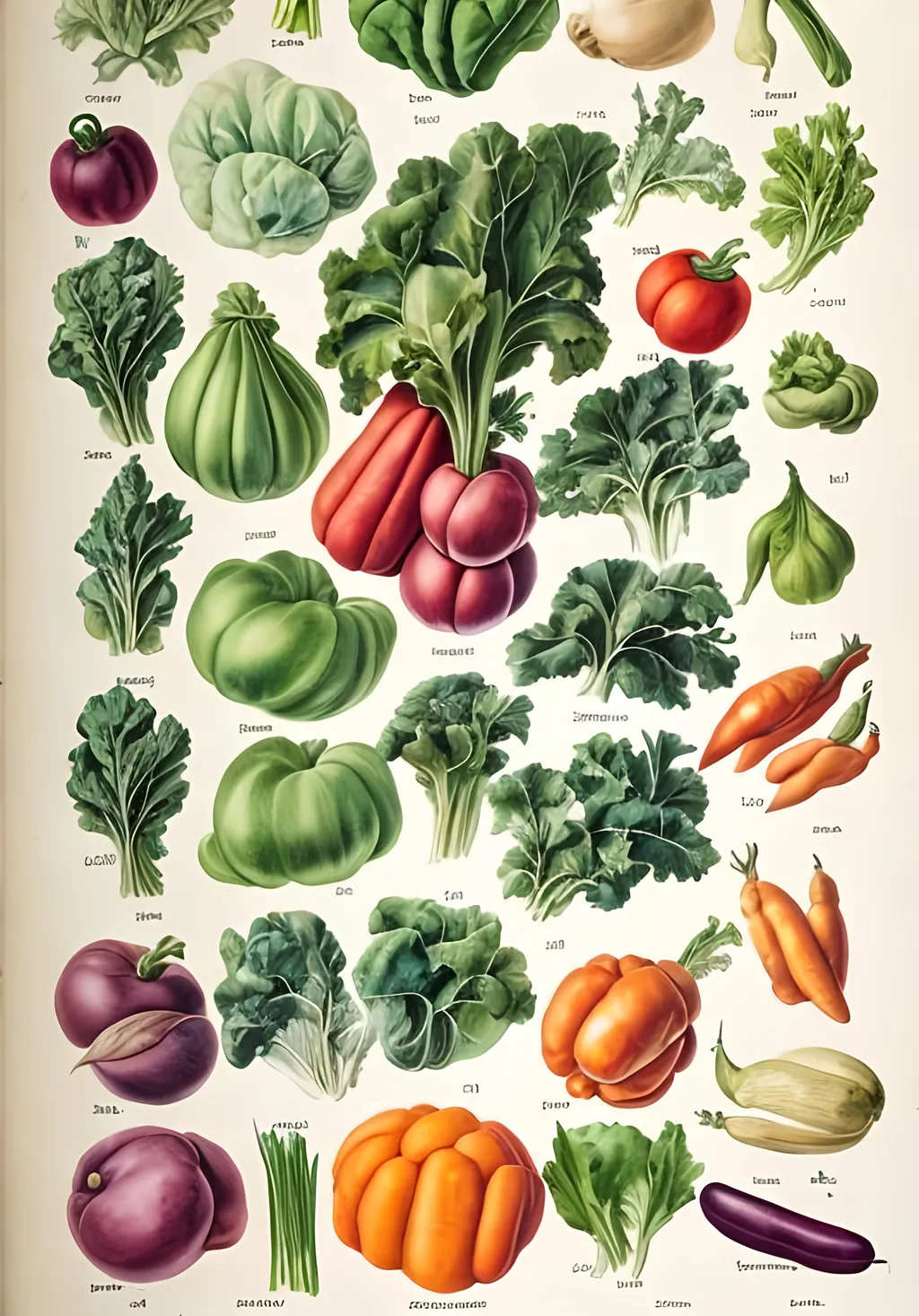 Prompt: botanical vegetable drawing vintage
water color large variety, multiple rows