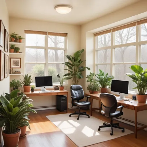 Prompt: an idyllic office setting. Lots of natural light, windows, airy, open floor plan. 6 dual-screen computer PC workstations. Lots of houseplants. Warm cream colored walls. Tidy and comfortable. Bookshelves. Mid-century acrylic landscape art displayed on walls.