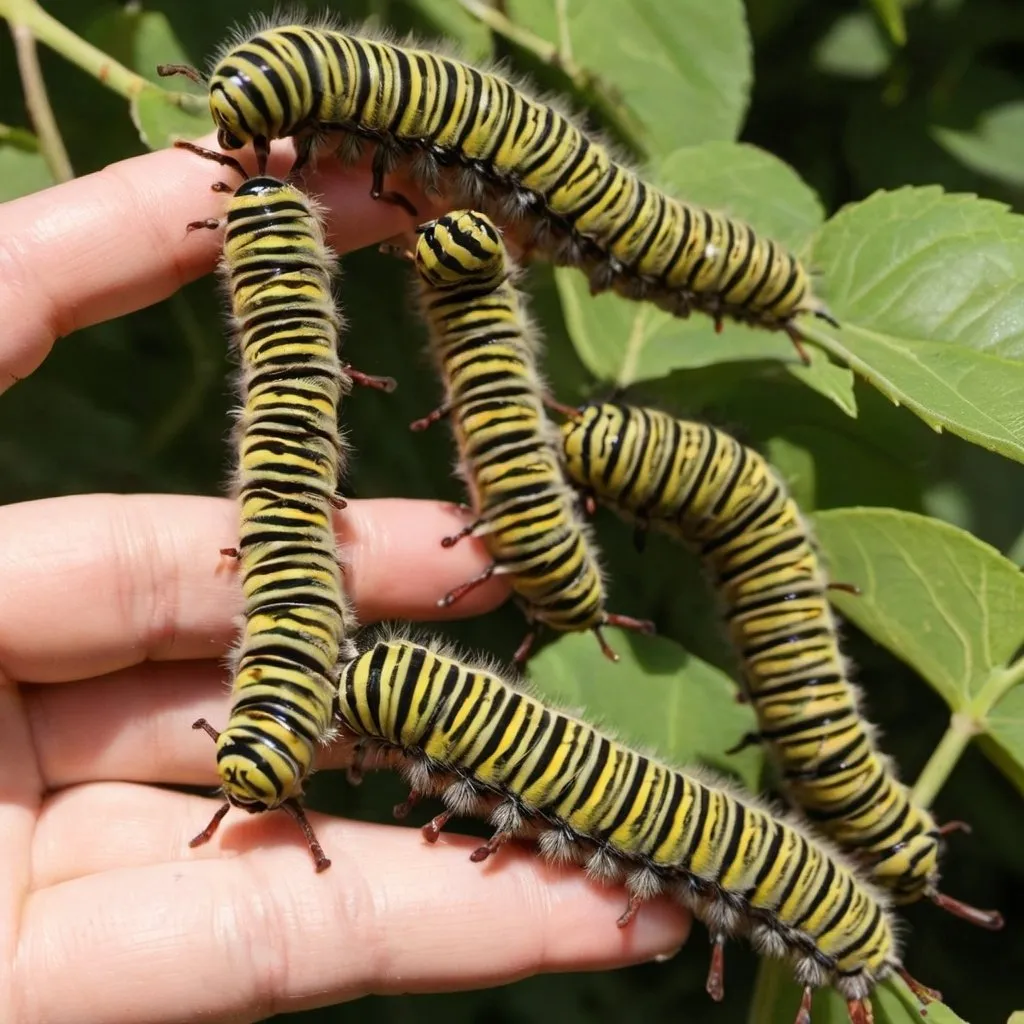 Prompt: An army of caterpillars being fed in an enclosure 