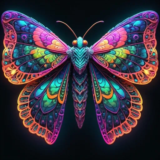 Prompt: Vibrant, colorful moth with intricate wing patterns, high quality, detailed, 3D rendering, surreal, neon colors, glowing bioluminescent markings, lush and vivid environment, mesmerizing, fantasy, iridescent, neon, detailed wings, surreal lighting