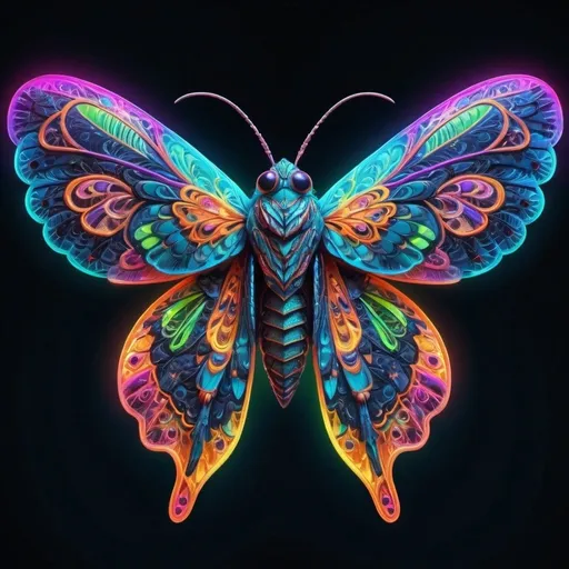 Prompt: Vibrant, colorful cute little moth with intricate wing patterns, high quality, detailed, 3D rendering, surreal, neon colors, glowing bioluminescent markings, lush and vivid environment, mesmerizing, fantasy, iridescent, neon, detailed wings, surreal lighting