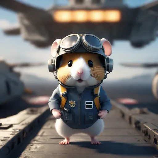 Prompt: a cute fluffy hamster pilot walking on a military aircraft carrier, unreal engine render, 8k