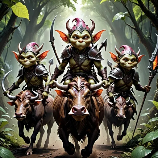 Prompt: three goblins' riding on a nyala into battle with a lance.