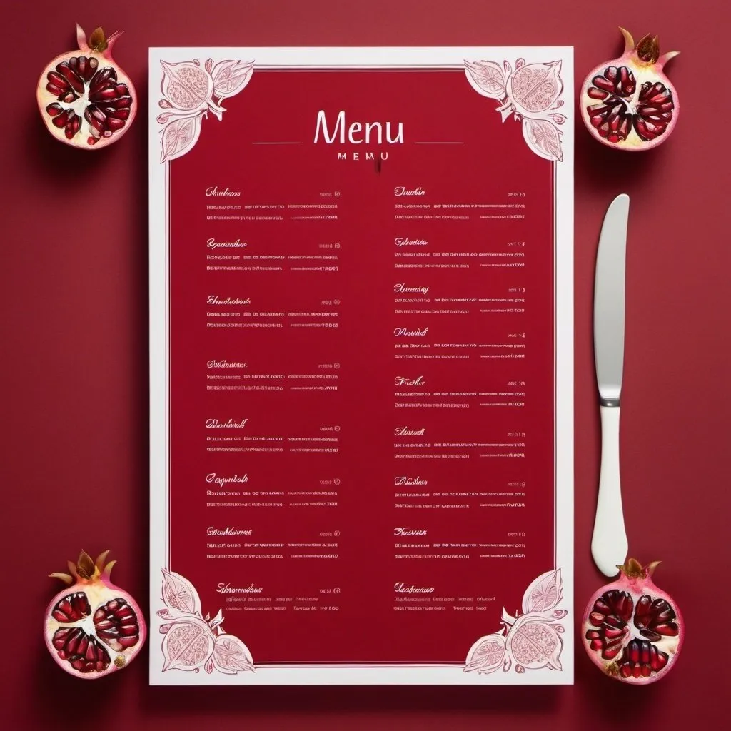 Prompt: Stylish menu with pomegranate theme, framing, five sections, red background, white writing, border
