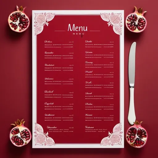 Prompt: Stylish menu with pomegranate theme, framing, five sections, red background, white writing, border
