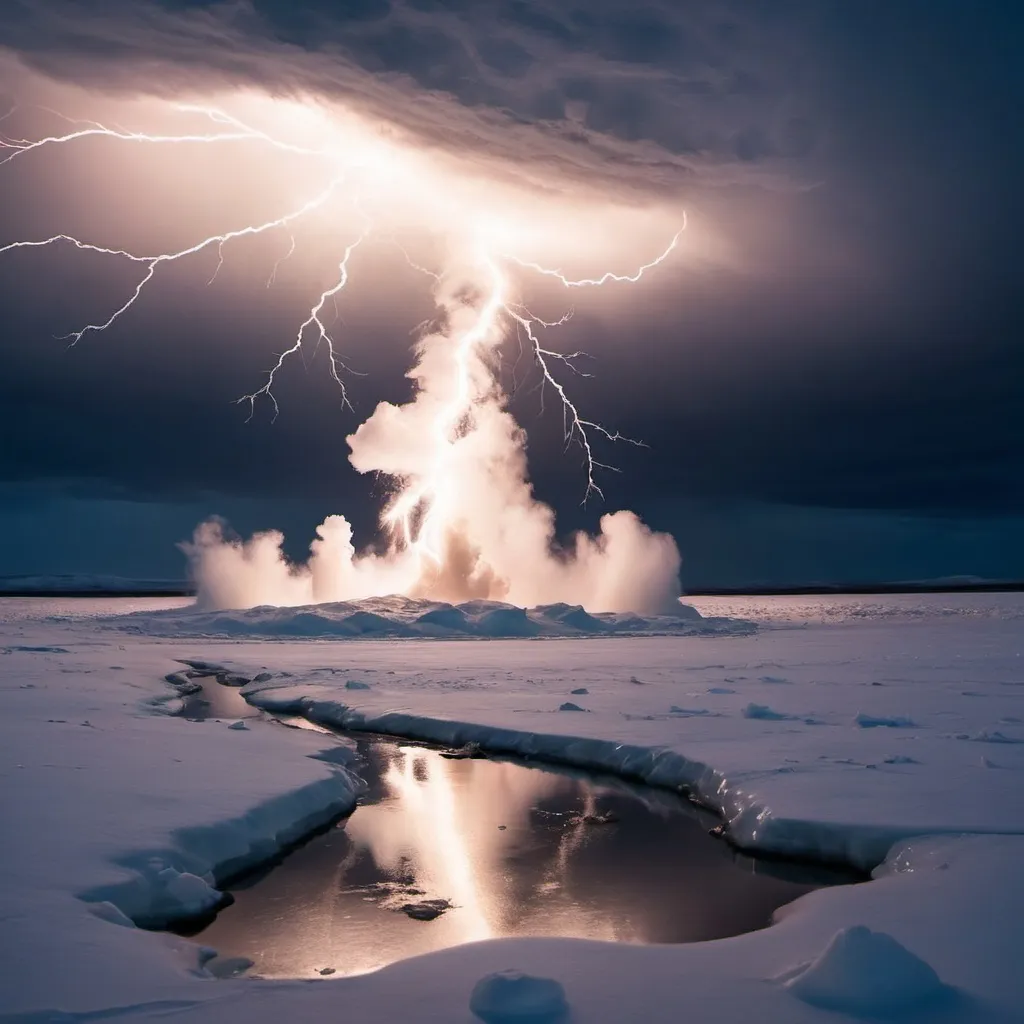 Prompt: On an open arctic tundra at night with big lightning bolts . Water boiling into steam and creating energy. 