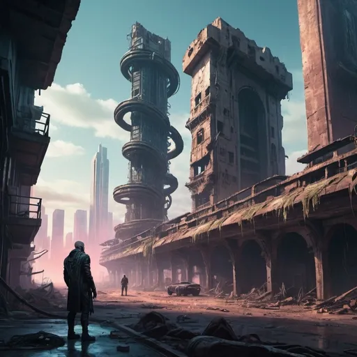 Prompt: A long distance cyberpunk view of a  distopian city ruin scene.  In the Forground a man holding a  venemous snake.  