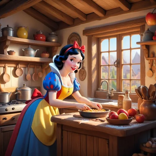 Prompt: (snow white cooking in her tiny cute cottage kitchen), disney pixar 2D rendering, illustrated by Gustav Tenggren, warm and cozy atmosphere, vibrant pastel colors, detailed character design, whimsical and charming background, rustic wooden furniture, sunlight streaming through windows, 4K, ultra-detailed, high quality, storybook style, fairytale-like, welcoming and homely, emphasis on the joy of domestic life