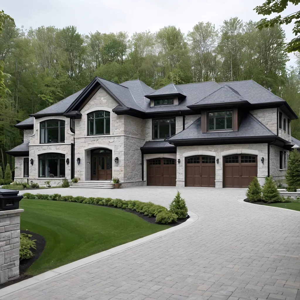 Prompt: Luxury home design by david small designs in canada
Large aluminum windows
Stone exterior
Transitional design
Complex roof design
Large bungalow on estate lot
Picture view from the road
Extensive landscaping
4 car garage