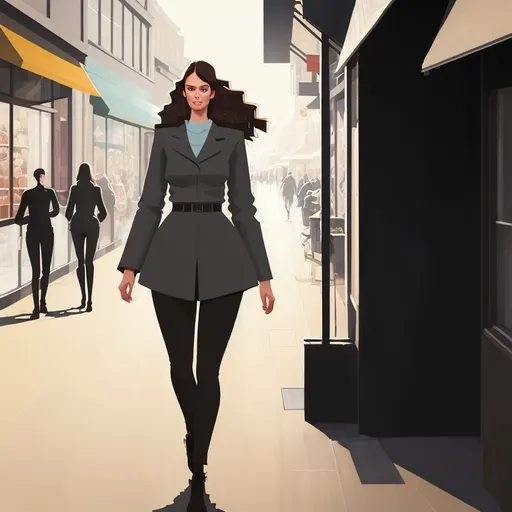 Prompt: Tall young woman walking down the high street, detailed clothing, realistic, natural lighting