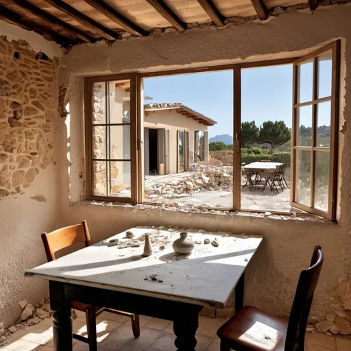 Prompt: holiday house in mallorca with broken windows and doors the whole house can be seen everything is damaged from okupas everywhere is laying glass
you can see a bit of the landscape
the interior is damaged too the table is broken and everything is dirty