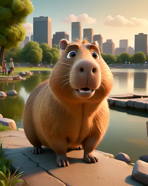 Prompt: a cute capybara with beautiful big bright eyes, cinematic and realistic, with realistic features, walking in the park with a lake with a city in the background, volumetric lighting, film-like composition