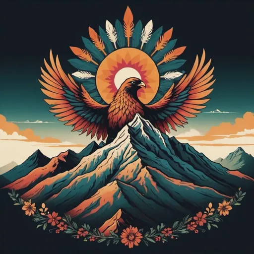 Prompt: boho pic design  of mountain that  phoenix fly at the peak