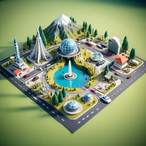 Prompt: bird ey view, tilt-shift, isometric miniature place, detailed landscape with  people and cars, mountains with roads, main space themed building with rockets and models of planets. with big entrance with grass and fountain. 