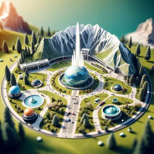 Prompt: aerial view, tilt-shift, isometric miniature place, detailed landscape world render with tiny people and cars, mountains with roads, main space themed building with rockets and models of planets. with big entrance with grass and fountain. 