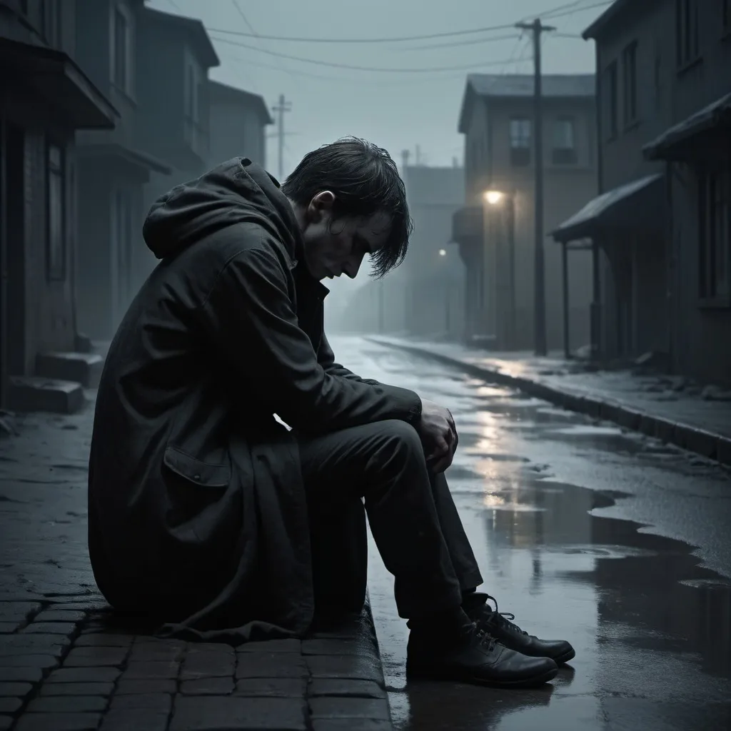 Prompt: an emotive representation of (depression), somber mood, muted colors, dark shadows, heavy atmosphere, introspective character sitting alone, surrounded by bleak surroundings, soft melancholic lighting, deep contrast accents, evocative and expressive art style, reflecting on sorrow, high quality 4K, ultra-detailed sentimental scene.