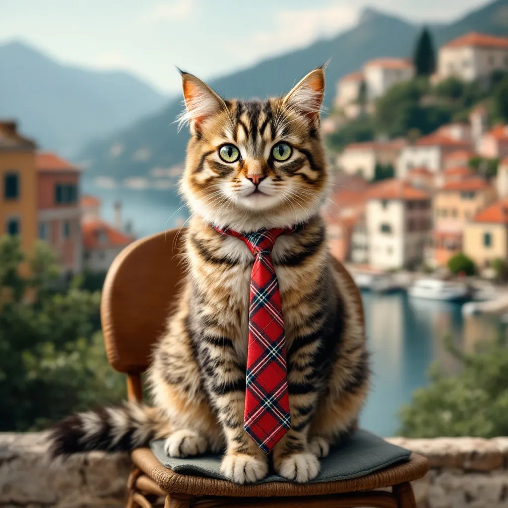 Prompt: Create an image - a cat with a tie sitting on a chair with dubrovnik at the background


