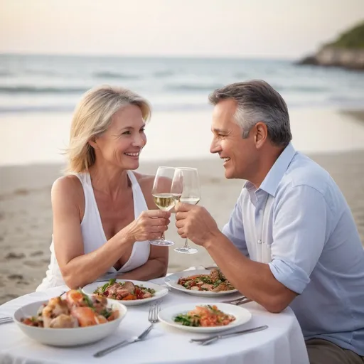 Prompt: Create a couple in their mid age having a blissful dinner at a beach and enjoying each other's company.