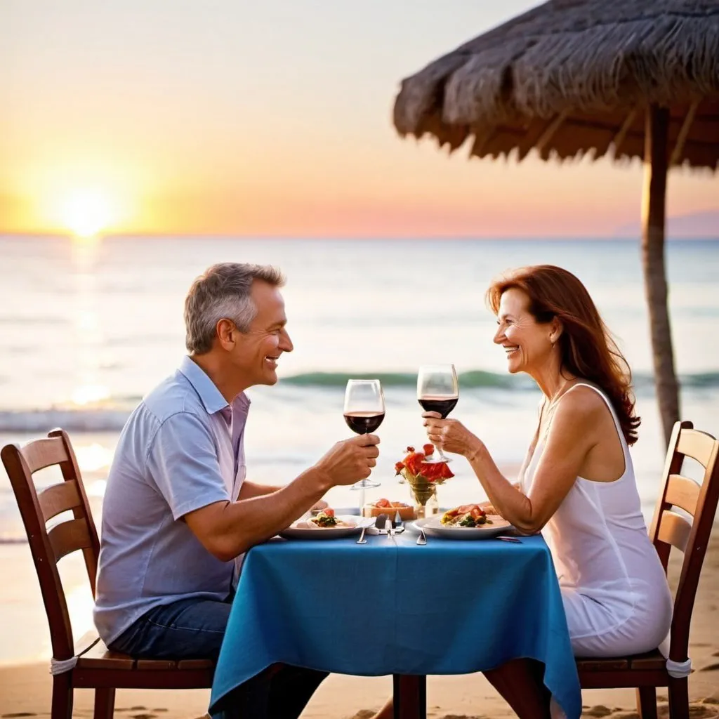 Prompt: Create a couple in their mid age having a blissful dinner at a beach and enjoying each other's company.