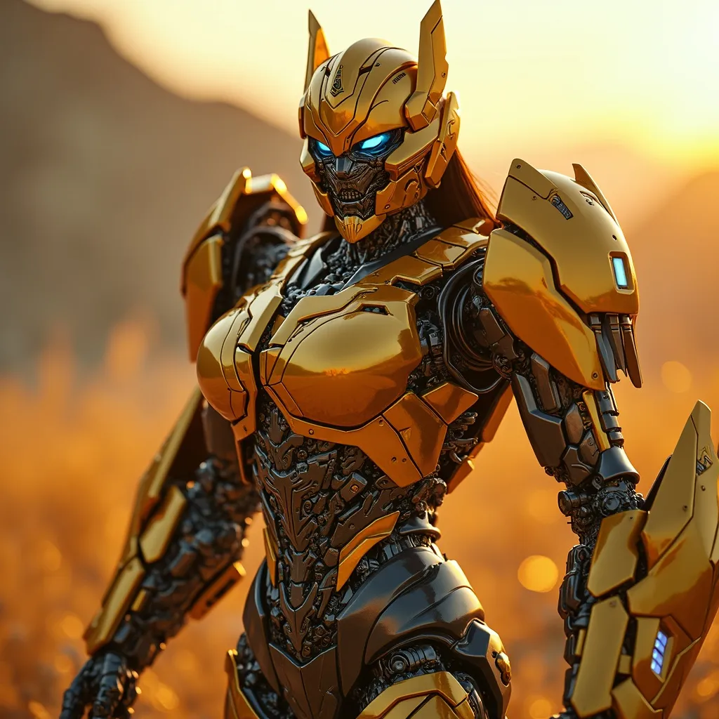 Prompt: A beautiful female Megatron transformer golden hour