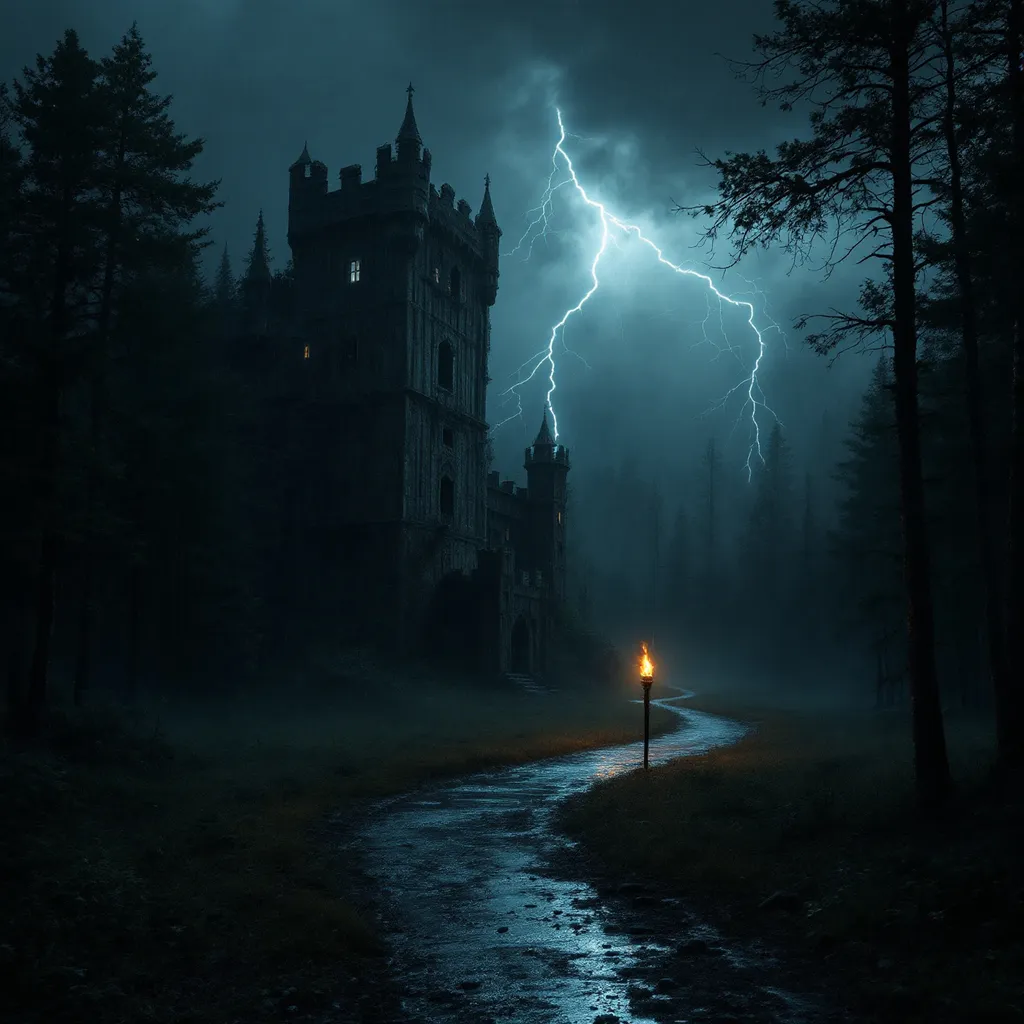 Prompt: Abandond wood castle in a dark forest.  A dark cloudy sky with lightning in the sky.  A path through the forest leading to the castle with one torch lighting up the path.  There is water on the path that is being lit up by the lightning.  It is raining.  The meeting is eerie, dark and grim