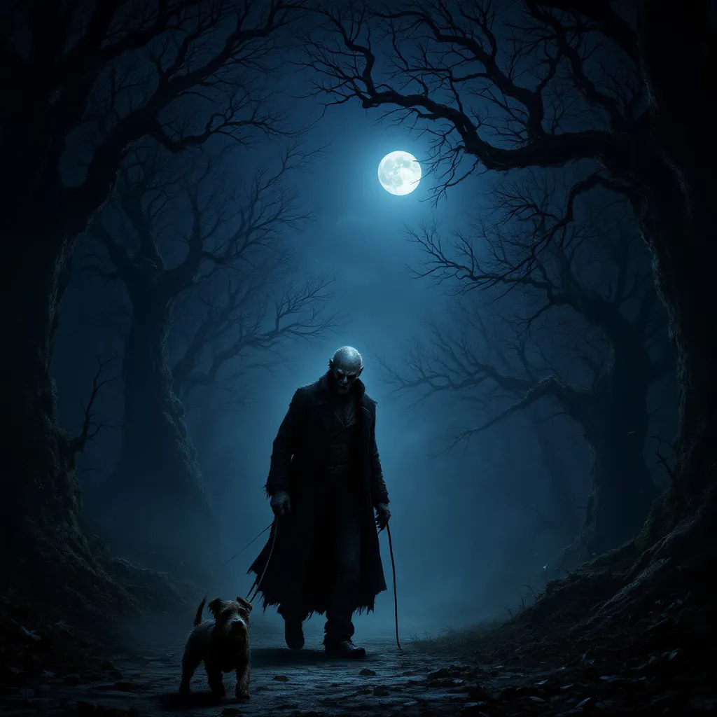 Prompt: A hyper-realistic dimly lit eerie entrance to a forrest at night, a lonely man is walking a dog, stars and round moon and  aurora in the sky