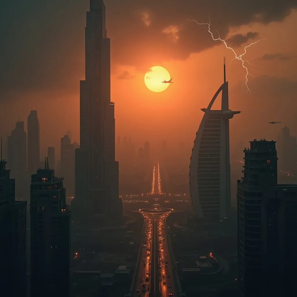Prompt: A dystopia birds eye view of an apocalyptic Dubai, the sun is a dark orange in a dark sky filled with smoke, burj kalifah and the sail building are featured, some of the building have some light on in the windows, there is lightning coming from the clouds in the sky, a plane is flying out of the city, abandoned cars in the streets, golden hour