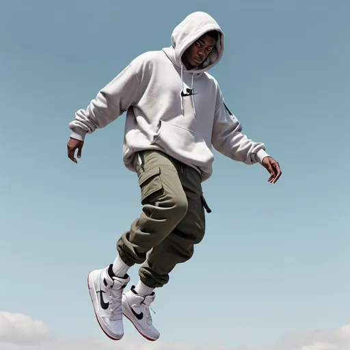 Prompt: A realistic human being with cargo pants wearing a oversized hoodie floating in the air with the nike Jordans