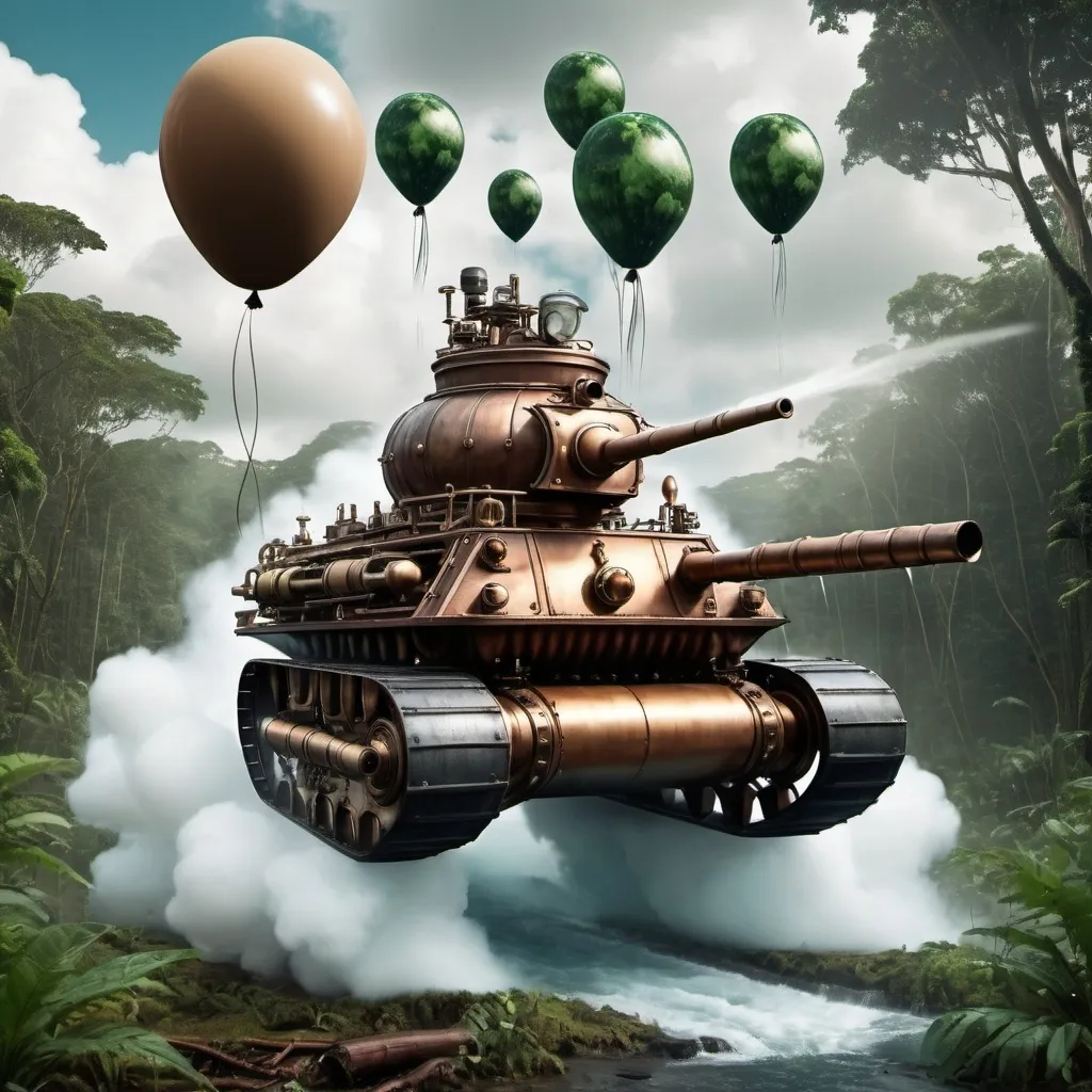 Prompt: Steampunk tank with Jet engine is flying over rain Forrest and bombing with Waters baloons

