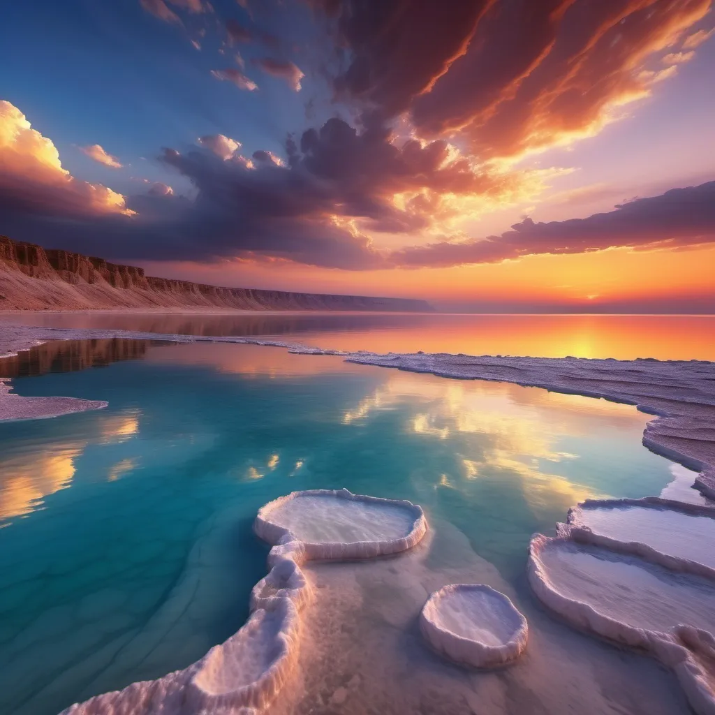 Prompt: Dead Sea at sunset, (cerulean waters reflecting warm oranges and deep purples), ethereal glow on the horizon, tranquil ambiance, (dramatic sky) filled with swirling clouds, serene landscape with rugged shores, rich textures of the surrounding salt formations, calm waves lapping gently, (highly detailed) 4K quality capturing the mesmerizing beauty of twilight.