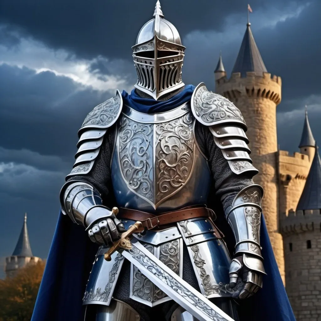 Prompt: ornate knight in shining silver and blue armor, unique longsword with ornate hilt, deep blue cape, grand Barad-dur type castle, fiery grey sky, highres, detailed armor, medieval fantasy, grand castle, fiery sky, ornate design, professional, dramatic lighting