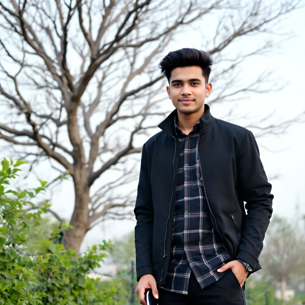 Prompt: A young man stands confidently in front of a stark, leafless tree against a clear sky, hinting at early spring or late winter. He sports a black jacket over a plaid shirt, complemented by dark trousers, with a casual demeanor accentuated by a slight smirk. His hair is neatly styled, and he's holding a smartphone in his right hand, suggesting a moment captured during a leisurely outing. The background features greenery along a chain-link fence, adding detail to the scene which conveys a peaceful, serene atmosphere typical of a morning stroll. The image's composition balances the subject and nature, creating a relatable, youthful energy.