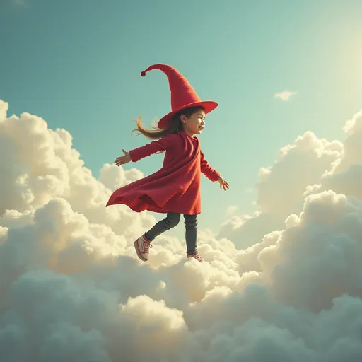 Prompt: A dall with a red hat walking on a cloud