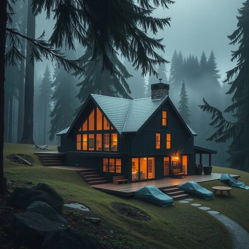 Prompt: I want you to create a video about a house in te forest wit rain fall in the evening