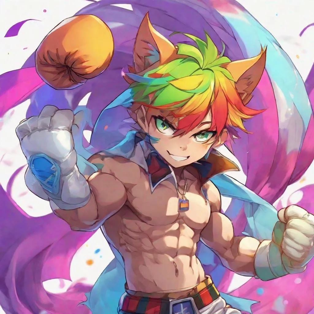 Prompt: Huge ripped beefy muscular catboy stud with boxing gloves;anime animal ears; elemental punch;  boxing gloves matching ; big package , well-hung, along rainbow hair to shoulders; cravat, giant, 