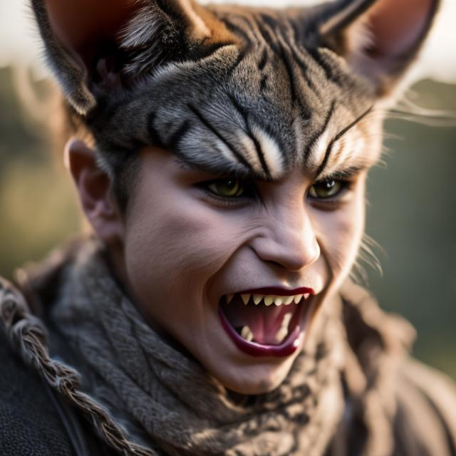 Prompt: A giant muscular fanged cat-eared  catboy in  tattered, twisted rags 