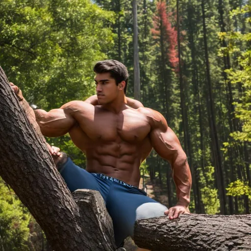 Prompt: A buff muscular handsome teenage titan bodybuilder 40 feet tall, crushes trees