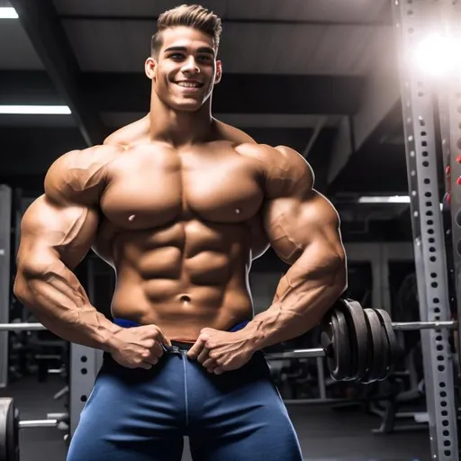 Prompt: Huge ripped teenage giant superhuman 20 foot handsome well-hung bodybuilder hyper muscular giant, fitness model, fills frame , smile , tight clothes, packing , looms over other men, fills room, extremely muscular, hung,  hyper muscular,